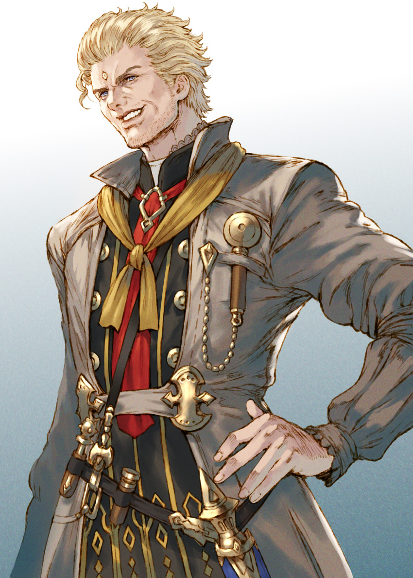 blonde_hair blue_eyes facial_hair final_fantasy final_fantasy_xiv gradient gradient_background hand_on_hip highres long_coat makimura_shunsuke male_focus nero_tol_scaeva short_hair smile solo standing teeth