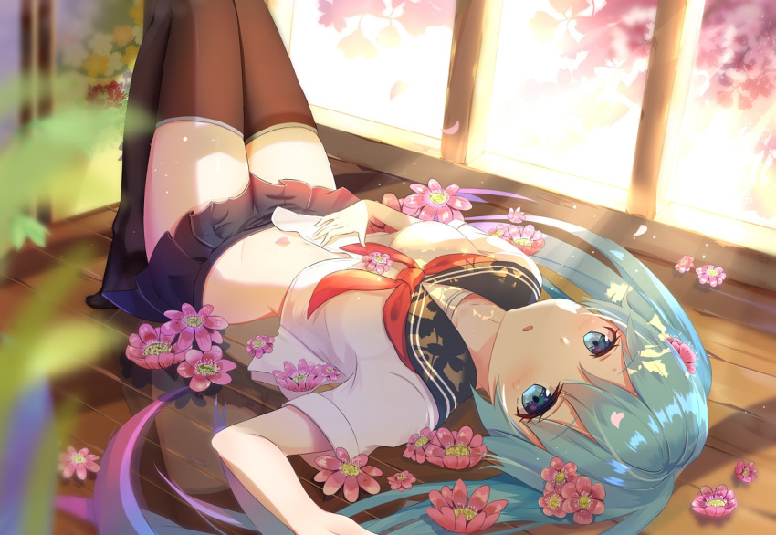 arm_up bangs black_legwear black_sailor_collar black_skirt blue_eyes blue_hair blurry blurry_foreground blush breasts collarbone commentary depth_of_field eyebrows_visible_through_hair flower gradient_hair hair_between_eyes hatsune_miku long_hair looking_at_viewer lying mobu_(wddtfy61) multicolored_hair neckerchief no_shoes on_back parted_lips pink_flower pink_hair pleated_skirt red_neckwear reflection reflective_floor sailor_collar school_uniform serafuku shirt sidelocks skirt small_breasts solo thighhighs twintails very_long_hair vocaloid white_shirt wooden_floor