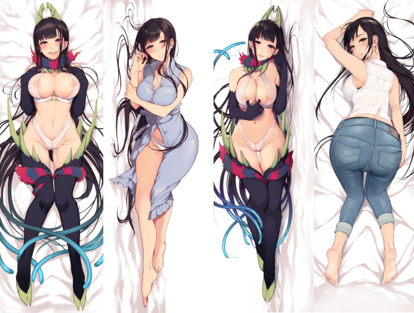 ane_naru_mono areola_slip areolae armpits barefoot black_hair blush breasts cameltoe chiyo_(ane_naru_mono) commentary_request covered_nipples dakimakura demon_girl dual_persona elbow_gloves full_body gloves horns large_breasts long_hair looking_at_viewer lying mole mole_under_eye multiple_views navel on_back on_side open_mouth panties pochi_(pochi-goya) pointy_ears purple_eyes smile tentacles underwear very_long_hair white_panties