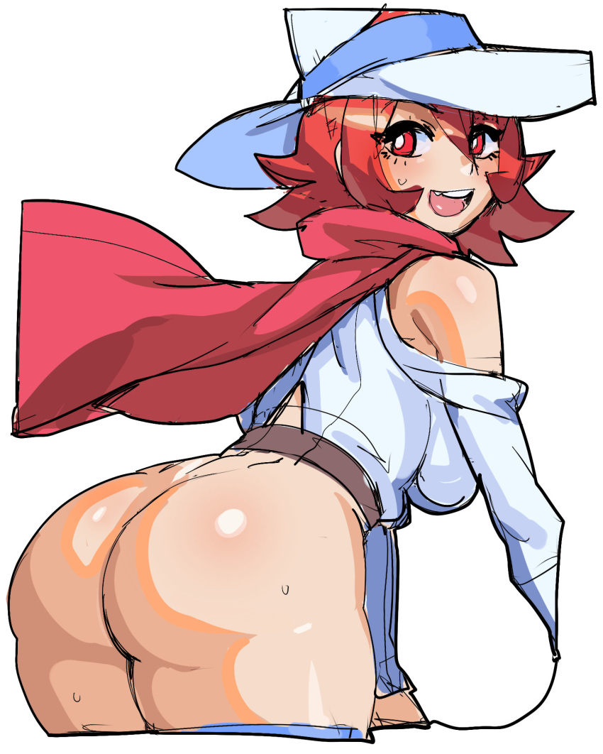 1girl :d ass bare_shoulders bottomless breasts butt_crack cape curvy hat highres hips huge_ass large_breasts little_witch_academia looking_at_viewer looking_back maniacpaint no_panties open_mouth red_eyes red_hair shiny_chariot short_hair smile solo thick_thighs thighs wide_hips witch witch_hat