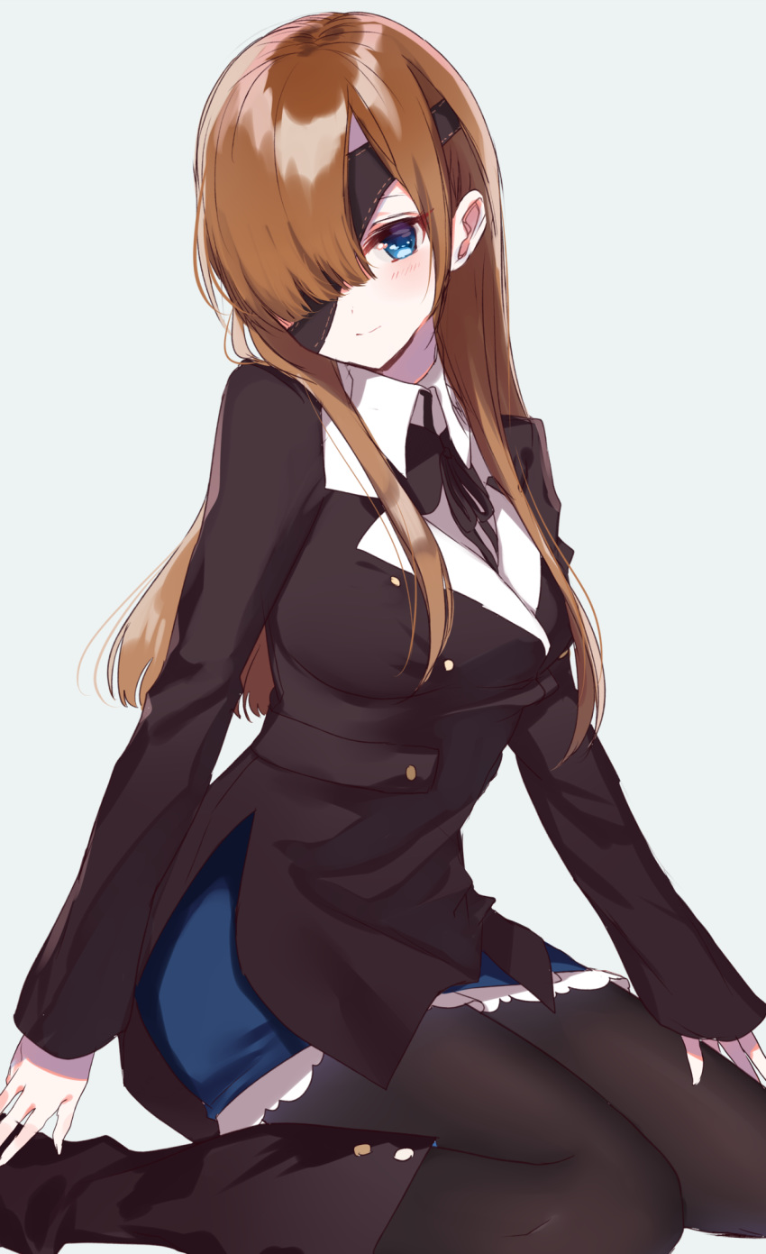 black_jacket black_neckwear black_ribbon blue_skirt blush boots brown_footwear brown_hair collared_shirt commentary eyepatch fate/grand_order fate_(series) grey_background highres jacket kneeling long_hair long_sleeves looking_at_viewer misumi_(macaroni) neck_ribbon ophelia_phamrsolone pantyhose ribbon shirt simple_background skirt smile solo white_shirt