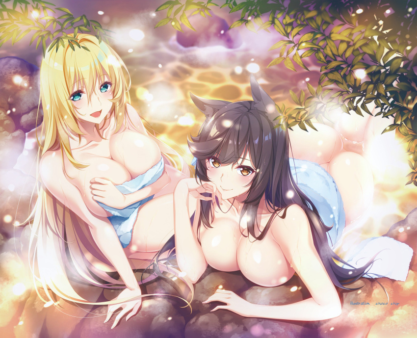 absurdres animal_ears arm_support artist_name ass atago_(azur_lane) atago_(kantai_collection) azur_lane bathing black_hair blonde_hair blue_eyes blue_towel blush breasts brown_eyes choco_chip cleavage crossover feet_up from_above hair_between_eyes highres kantai_collection large_breasts leaf lying multiple_girls naked_towel namesake on_stomach onsen open_mouth outdoors rock shiny shiny_hair sidelocks sitting smile sparkle take_your_pick towel