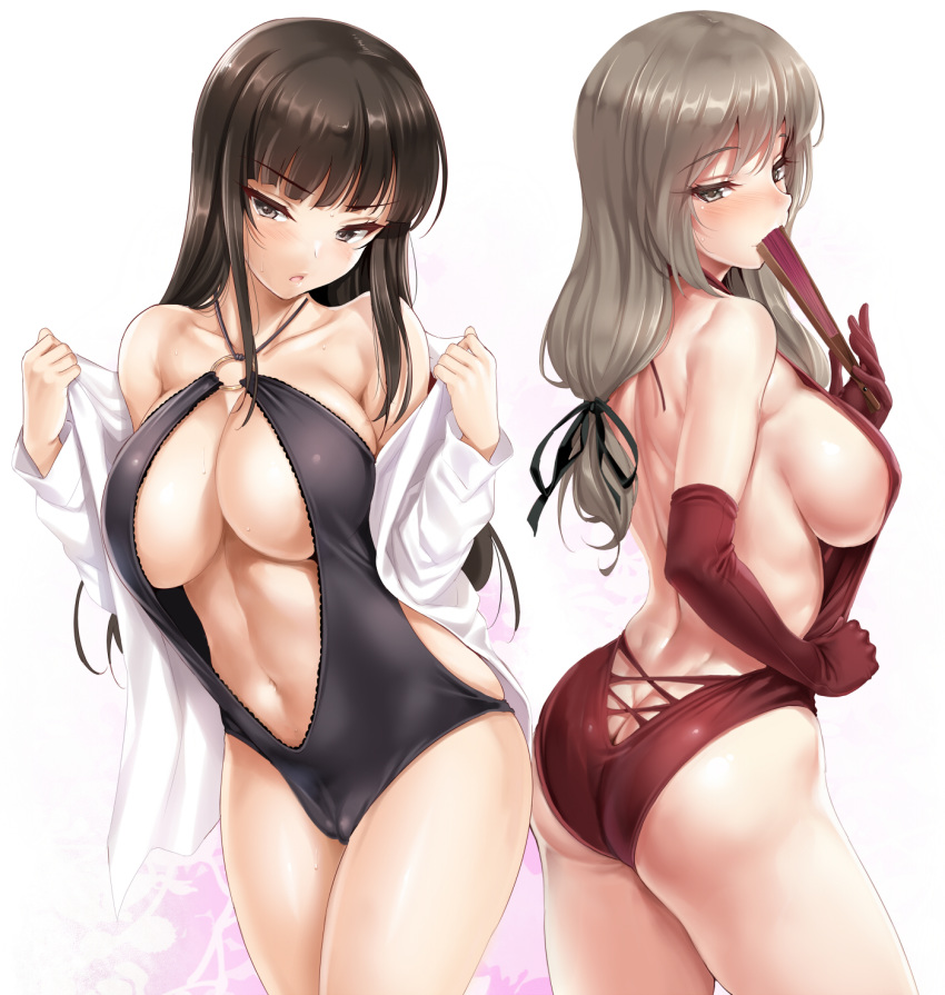 :o ass bangs bare_shoulders black_hair blunt_bangs blush breasts brown_eyes brown_hair butt_crack casual_one-piece_swimsuit cleavage collarbone cowboy_shot elbow_gloves embarrassed eyebrows_visible_through_hair fan fan_over_face fantia_reward floral_background folding_fan girls_und_panzer gloves hair_ribbon highres jacket jacket_over_swimsuit kure_masahiro large_breasts long_hair long_sleeves looking_at_viewer looking_back low-tied_long_hair mature multiple_girls navel nishizumi_shiho o-ring o-ring_swimsuit off_shoulder one-piece_swimsuit paid_reward paper_fan ribbon shimada_chiyo shiny shiny_hair sideboob sidelocks skindentation sweat sweatdrop swimsuit undressing