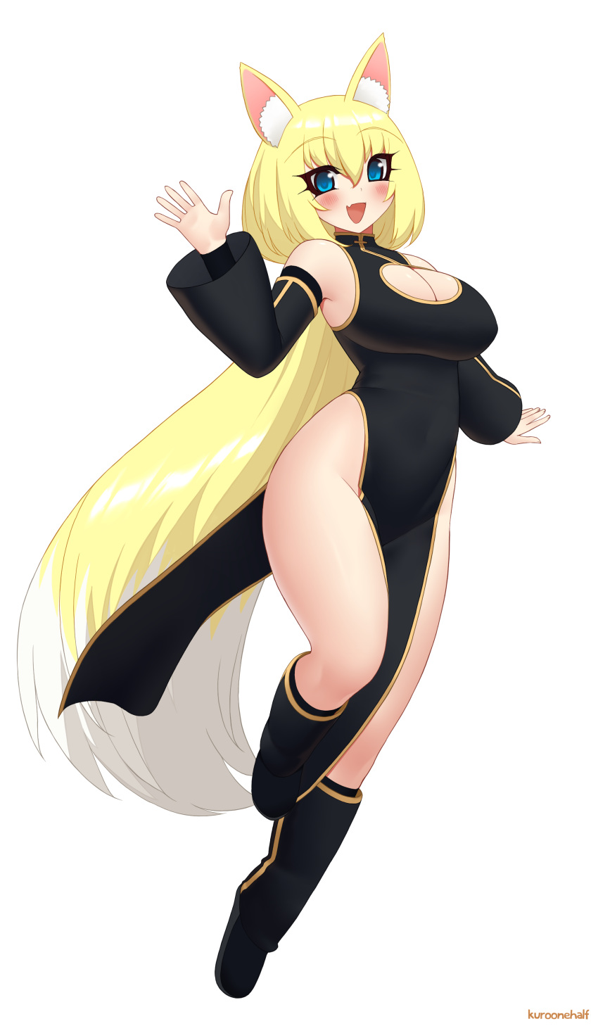 :d absurdres alice_(flanaki) animal_ear_fluff animal_ears bare_shoulders black_dress blonde_hair blue_eyes blush boots breasts cleavage_cutout commission detached_sleeves dress eyebrows_visible_through_hair eyes_visible_through_hair fang fox_ears full_body hair_between_eyes highres kuroonehalf large_breasts long_hair looking_at_viewer multicolored_hair no_panties open_mouth original pelvic_curtain smile solo two-tone_hair very_long_hair waving white_background white_hair wide_sleeves