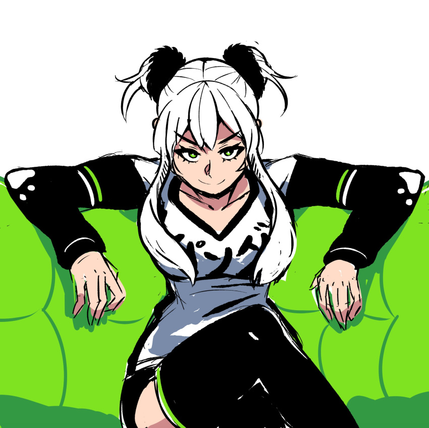 akairiot black_legwear breasts commentary couch crossed_legs double_bun e-sports english_commentary green_eyes hair_ornament hair_scrunchie highres looking_at_viewer mascot medium_breasts pan-chan_(panda_global) panda_global scrunchie sidelocks sitting smile solo thighhighs white_hair