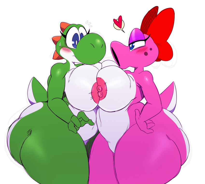 &lt;3 2018 absurd_res anthro areola belly big_breasts big_butt birdo blue_eyes blush breast_squish breasts breasts_frottage butt digital_media_(artwork) duo female female/female green_yoshi hi_res huge_butt mario_bros nintendo nipples scalie simple_background slightly_chubby sssonic2 thick_thighs video_games voluptuous white_background yoshi