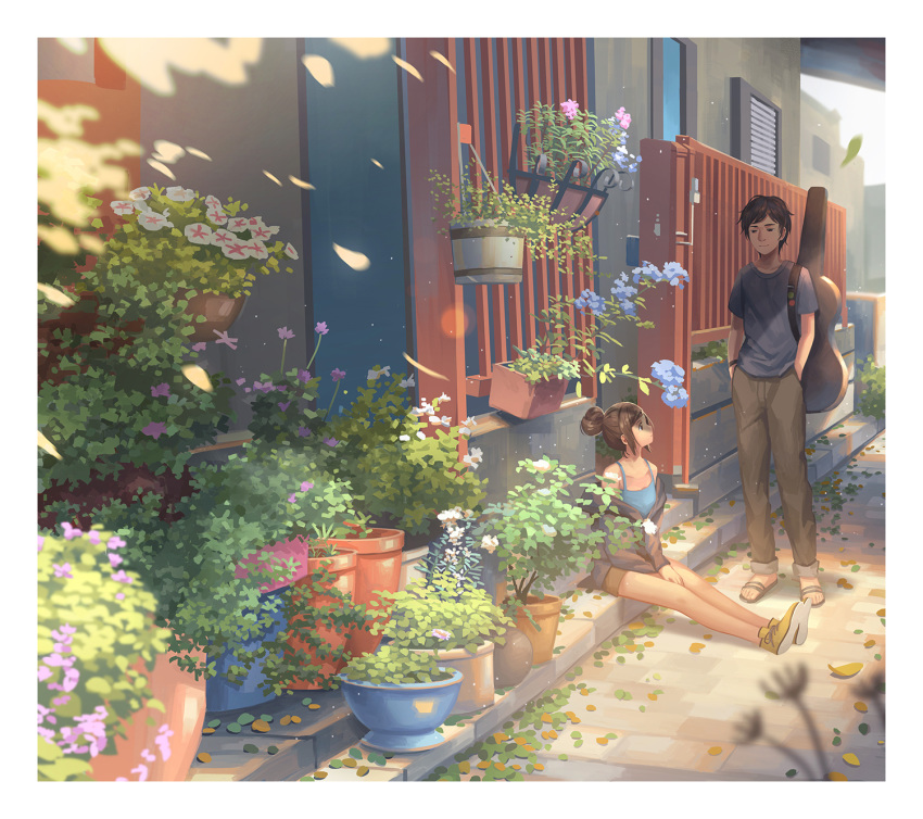 1girl blue_shirt bracelet brown_hair closed_mouth collarbone day flower hair_bun hanging_plant highres instrument_case jewelry kitsu+3 looking_at_another original outdoors pants sandals scenery shirt shoes short_hair sitting sneakers