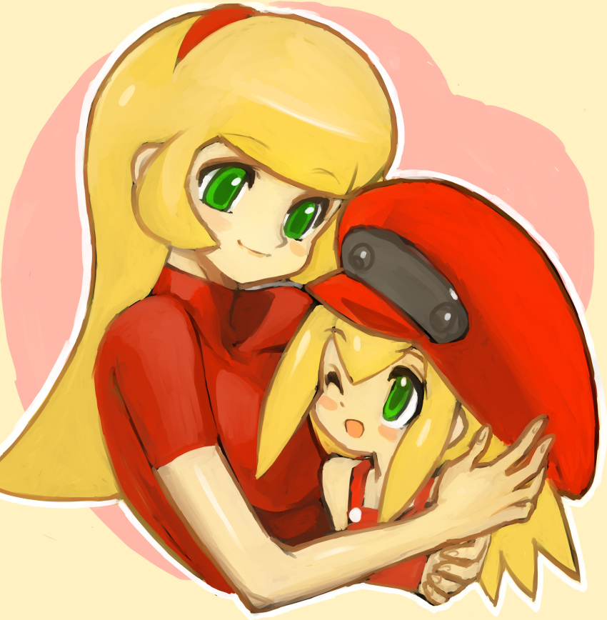 2girls bare_shoulders blonde_hair blush cabbie_hat dakusuta eyebrows_visible_through_hair green_eyes hair_ornament hairband happy hat hug matilda_caskett mother_and_child mother_and_daughter motherly multiple_girls one_eye_closed open_mouth overalls red_hat red_shirt rockman rockman_dash roll_caskett shirt sidelocks smile t-shirt