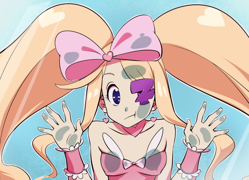 :t against_fourth_wall against_glass bare_shoulders big_hair blue_background blue_eyes bow breast_press breasts breasts_on_glass detached_collar dress drill_hair earrings eyepatch fourth_wall harime_nui heart heart_earrings highres huge_bow jewelry kill_la_kill looking_at_viewer pink_bow pink_dress small_breasts solo twin_drills typo_(requiemdusk) wrist_cuffs