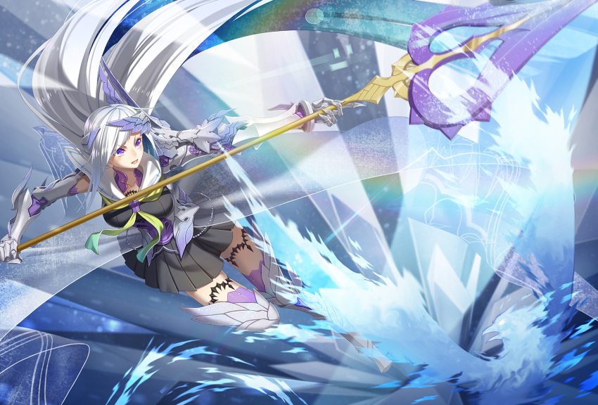 abstract_background armor armored_dress black_skirt blue_background brynhildr_(fate) brynhildr_romantia cross_akiha fate/grand_order fate/prototype fate/prototype:_fragments_of_blue_and_silver fate_(series) full_body gloves greaves highres holding holding_spear holding_weapon long_hair looking_to_the_side polearm purple_eyes sailor_collar skirt solo spear thighhighs weapon white_hair white_sailor_collar zettai_ryouiki