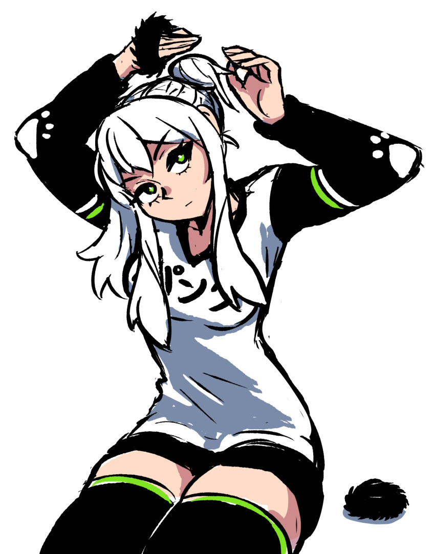 adjusting_hair akairiot black_legwear breasts commentary double_bun e-sports english_commentary green_eyes hair_ornament hair_scrunchie head_tilt highres mascot medium_breasts pan-chan pan-chan_(panda_global) panda_global scrunchie sidelocks solo thighhighs white_hair zettai_ryouiki