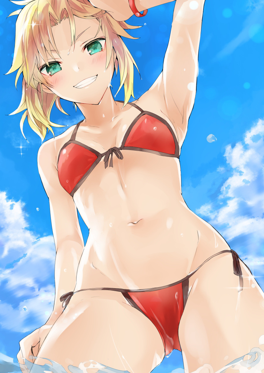 absurdres arm_up armpits bangs bare_arms bare_shoulders bikini blonde_hair blue_sky breasts cloud collarbone commentary_request day dutch_angle eyebrows_visible_through_hair fate/grand_order fate_(series) from_below front-tie_bikini front-tie_top green_eyes grin groin highres looking_at_viewer looking_down mordred_(fate)_(all) mordred_(swimsuit_rider)_(fate) navel outdoors red_bikini side-tie_bikini sky small_breasts smile solo swimsuit tomozero water wet wet_hair