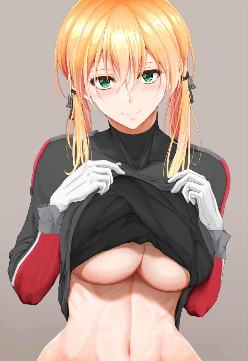 aqua_eyes bangs black_ribbon blonde_hair blush breasts closed_mouth collarbone eyebrows_visible_through_hair gloves green_eyes grey_background hair_between_eyes hamaguri_(hamaguri1234) highres kantai_collection large_breasts lifted_by_self lips long_hair looking_at_viewer low_twintails military military_uniform no_bra prinz_eugen_(kantai_collection) ribbon shirt_lift simple_background smile solo twintails underboob uniform upper_body white_gloves