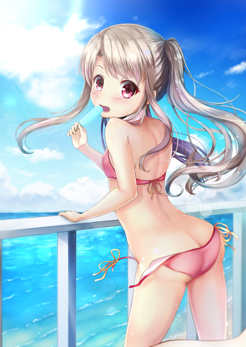 alternate_hairstyle ass bangs bare_shoulders bikini blue_sky blush breasts cloud commentary_request day fate/kaleid_liner_prisma_illya fate_(series) food from_behind highres illyasviel_von_einzbern kabosu_(anna_neji) looking_at_viewer looking_back open_mouth outdoors pink_bikini ponytail popsicle red_eyes shiny shiny_hair shiny_skin silver_hair sky solo standing swimsuit wardrobe_malfunction water wet