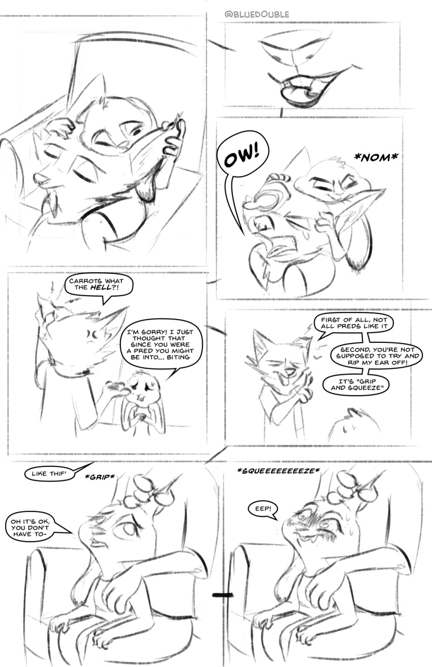 2018 anger_vein anthro bite black_and_white bluedouble blush buckteeth canine clothed clothing comic dialogue disney duo ear_biting ear_grab english_text female fox judy_hopps lagomorph licking_teeth male male/female mammal monochrome nick_wilde on_lap rabbit signature simple_background sitting sitting_on_lap sofa sound_effects speech_bubble spiral_eyes sweat sweatdrop teeth text white_background zootopia