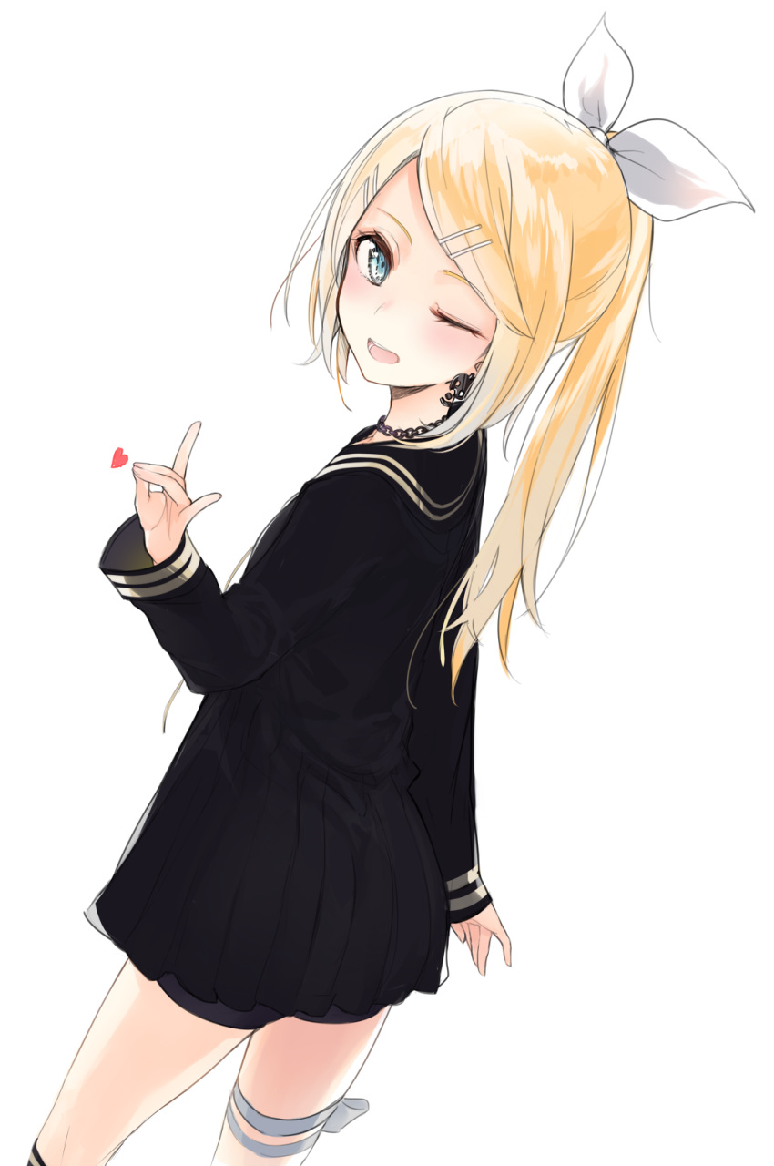 ;d alternate_hairstyle bangs bike_shorts black_dress black_serafuku black_shorts blonde_hair blue_eyes blue_ribbon blush chain_necklace dress from_behind hair_ornament hair_ribbon hairclip hand_gesture heart highres jewelry kagamine_rin kojiki-life leg_ribbon long_hair long_sleeves looking_at_viewer looking_back one_eye_closed open_mouth pleated_dress ponytail ribbon sailor_dress school_uniform serafuku shorts shorts_under_dress simple_background single_earring smile solo swept_bangs vocaloid white_background white_ribbon