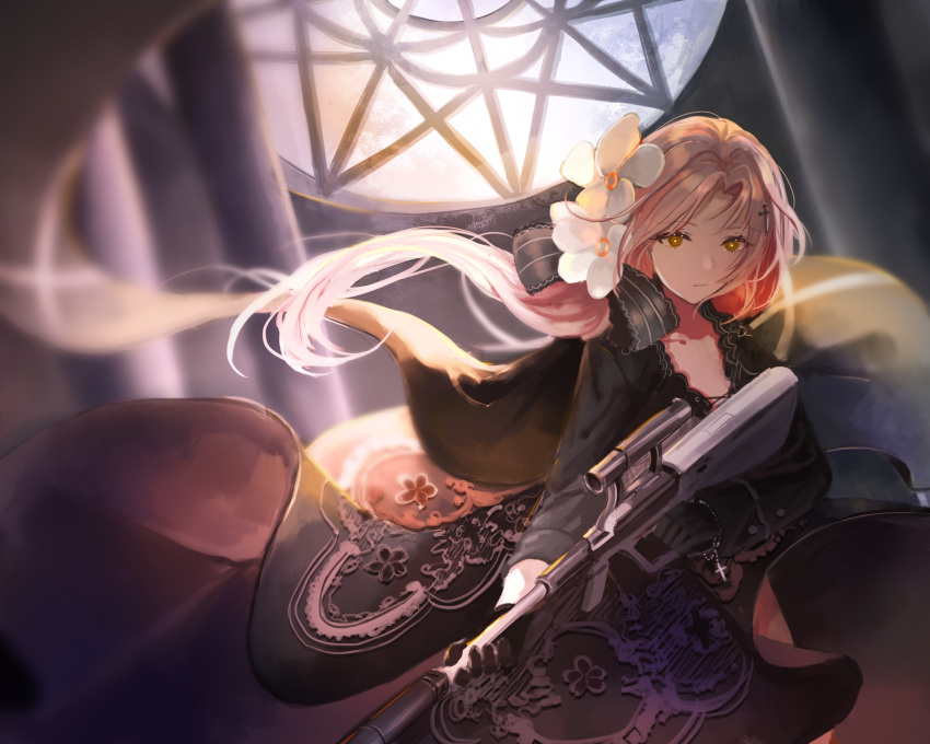 assault_rifle bangs black_dress boots breasts bullpup cleavage closed_mouth collarbone day dress expressionless floating_hair flower girls_frontline gun hair_between_eyes hair_flower hair_ornament hair_ribbon highres holding holding_gun holding_weapon indoors long_hair looking_away mole mole_under_eye one_eye_closed orange_eyes rec.07 ribbon rifle sidelocks steyr_aug steyr_aug_(girls_frontline) very_long_hair weapon wind wind_lift window