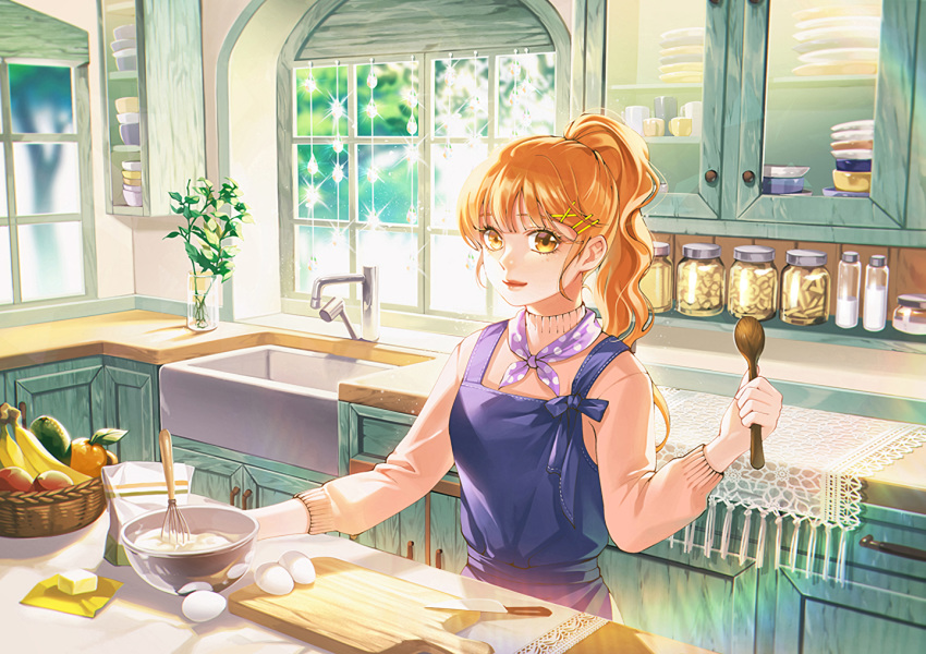 apple apron food fruit jeya_(leej3ya) long_hair orange_(fruit) orange_eyes orange_hair original ponytail scenic waifu2x