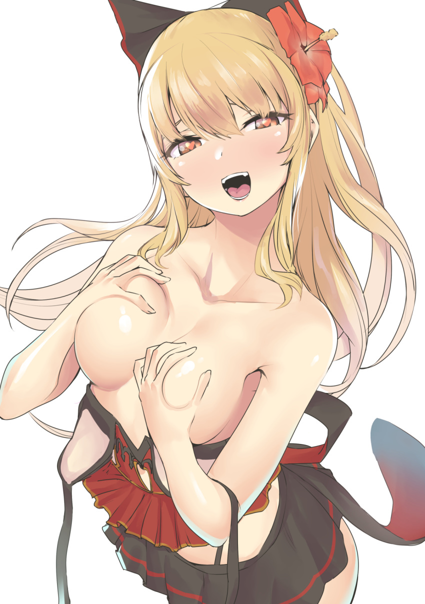 :d bare_shoulders black_bow bow breasts collarbone commentary_request covering covering_breasts flower granblue_fantasy hair_bow hair_flower hair_ornament heart heart-shaped_pupils highres long_hair medium_breasts nukkoru open_mouth red_eyes simple_background smile solo symbol-shaped_pupils teeth vira_lilie white_background