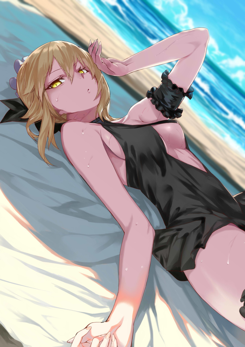 :&lt; absurdres arm_up armband artoria_pendragon_(all) artoria_pendragon_(swimsuit_rider_alter) beach black_bow black_swimsuit blonde_hair blurry blurry_background bow breasts casual_one-piece_swimsuit center_opening commentary_request day depth_of_field dutch_angle fate/grand_order fate/stay_night fate_(series) hair_between_eyes hair_bow highres hot looking_at_viewer lying medium_breasts ocean ohland on_back one-piece_swimsuit outdoors shade solo sweat swimsuit underboob yellow_eyes