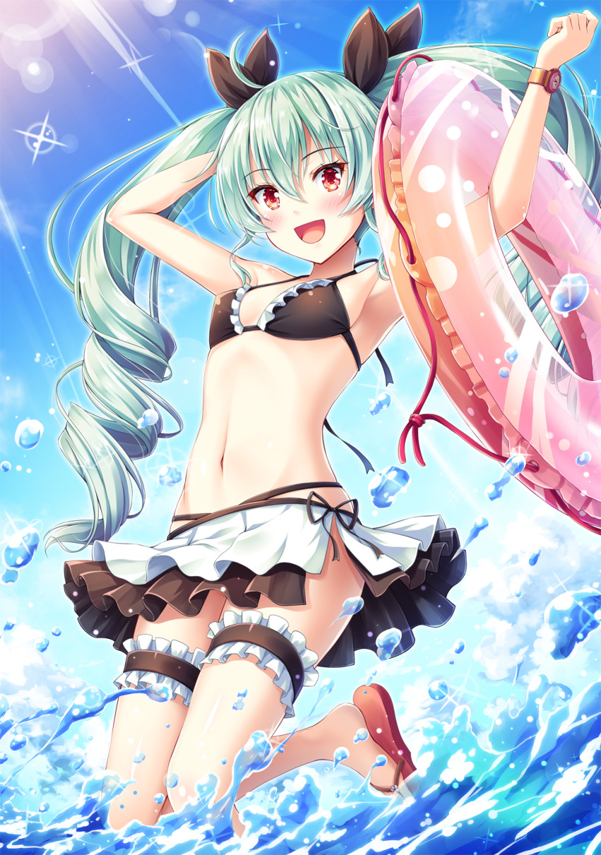 :d akashio_(loli_ace) anchovy armpits arms_up bangs bare_arms bare_shoulders bikini bikini_skirt black_bikini black_ribbon blue_sky blush breasts cloud commentary day drill_hair eyebrows_visible_through_hair frills girls_und_panzer green_hair hair_between_eyes hair_ribbon highres innertube leg_garter long_hair looking_at_viewer navel ocean open_mouth outdoors red_eyes red_footwear ribbon ringlets sandals side-tie_bikini sky small_breasts smile solo stomach sunlight swimsuit transparent twin_drills twintails very_long_hair watch water wristwatch