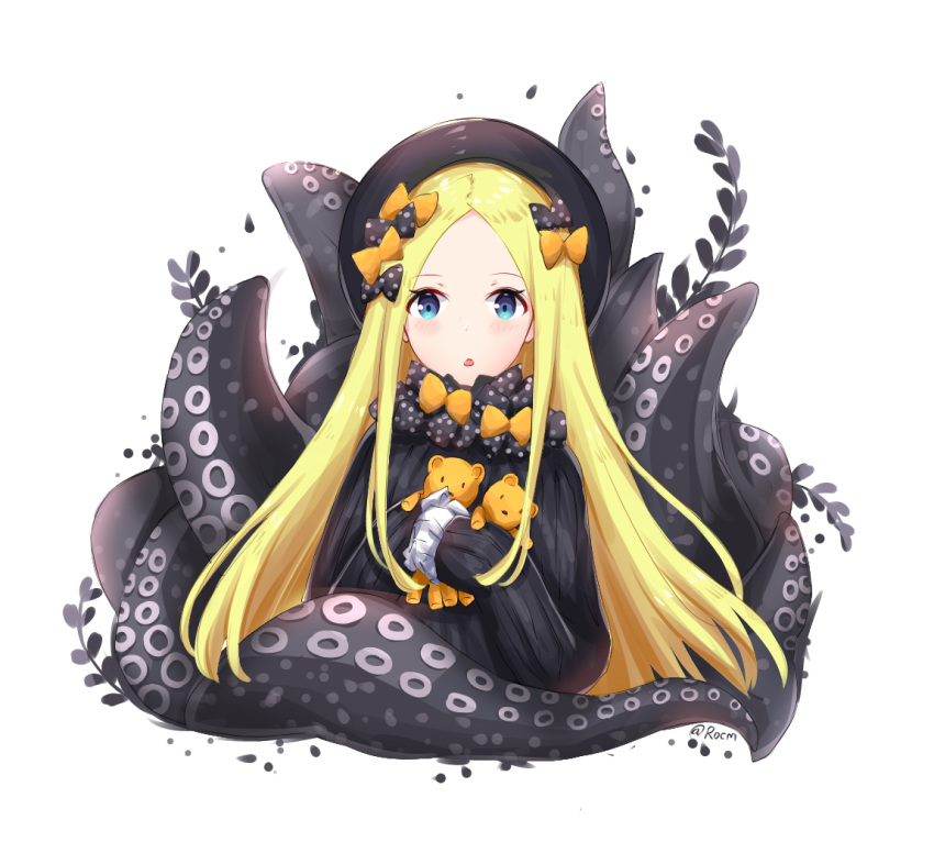 abigail_williams_(fate/grand_order) bangs black_bow black_dress black_hat blonde_hair blue_eyes blush bow commentary dress eyebrows_visible_through_hair fate/grand_order fate_(series) forehead hair_bow hat long_hair long_sleeves looking_at_viewer object_hug orange_bow parted_bangs parted_lips polka_dot polka_dot_bow rocm_(nkkf3785) simple_background sleeves_past_fingers sleeves_past_wrists solo stuffed_animal stuffed_toy suction_cups teddy_bear tentacles very_long_hair white_background