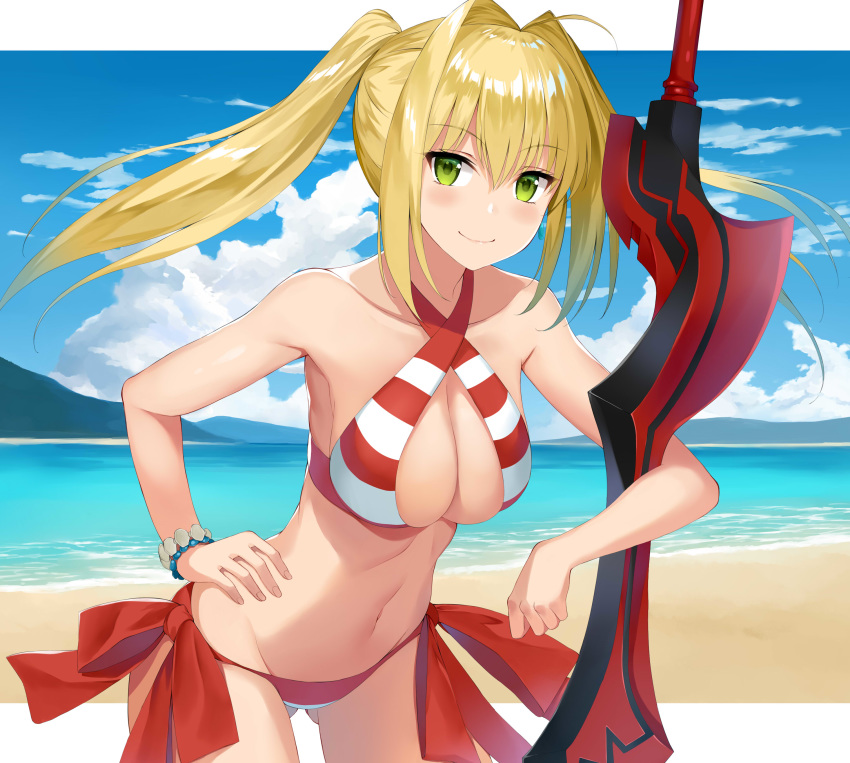 absurdres aestus_estus ahoge asato_(fadeless) ass_visible_through_thighs beach bead_bracelet beads bikini blonde_hair blush bracelet breasts closed_mouth cloud cloudy_sky collarbone commentary_request cowboy_shot criss-cross_halter day eyebrows_visible_through_hair fate/grand_order fate_(series) green_eyes hair_intakes halter_top halterneck hand_on_hip highres jewelry large_breasts looking_at_viewer navel nero_claudius_(fate)_(all) nero_claudius_(swimsuit_caster)_(fate) planted_sword planted_weapon red_bikini side-tie_bikini sky smile solo striped striped_bikini swimsuit sword twintails water weapon