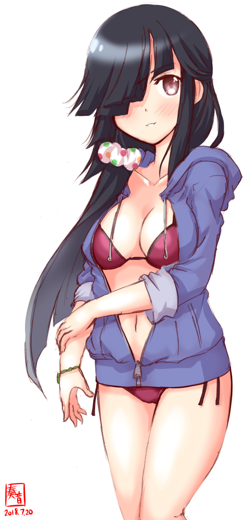 artist_logo bangs bikini black_hair blunt_bangs bracelet brown_bikini brown_eyes commentary_request dated hair_ornament hair_over_one_eye hair_scrunchie hayashimo_(kantai_collection) highres jewelry kanon_(kurogane_knights) kantai_collection long_hair looking_at_viewer parted_lips polka_dot polka_dot_scrunchie scrunchie side-tie_bikini simple_background smile solo swimsuit very_long_hair white_background