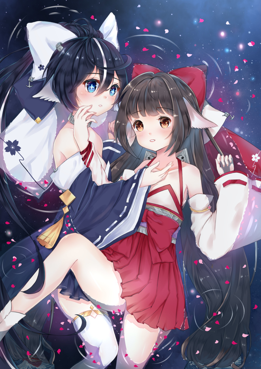 absurdres animal_ears arms_up azur_lane black_hair blue_eyes bow brown_eyes chinese_commentary commentary_request detached_sleeves hair_bow hakama_skirt hand_on_another's_chest hand_on_another's_face harutsuki_(azur_lane) highres japanese_clothes legs long_hair lying miko multiple_girls nontraditional_miko on_back on_side partially_submerged petals red_skirt ribbon skirt smile socks thighhighs water white_legwear yizhi_jiandan yoizuki_(azur_lane) yuri