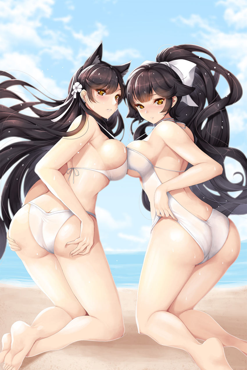 animal_ears ass atago_(azur_lane) azur_lane bare_arms bare_legs bare_shoulders barefoot beach bikini blue_sky blush bow breasts brown_eyes brown_hair casual_one-piece_swimsuit cat_ears cloud cloudy_sky commentary_request crossed_ankles day flower hair_bow hair_flower hair_ornament hands_on_own_ass high_ponytail highres kneeling koflif large_breasts long_hair looking_at_viewer looking_back mole mole_under_eye multiple_girls nose_blush one-piece_swimsuit outdoors ponytail sand sky soles swimsuit takao_(azur_lane) very_long_hair wet wet_hair white_bikini white_bow white_flower white_swimsuit
