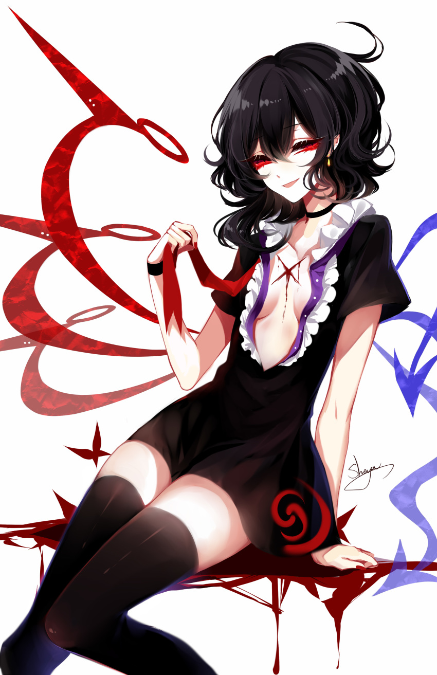 absurdres artist_name asymmetrical_wings bad_id bad_pixiv_id black_choker black_dress black_hair black_legwear blood blue_wings breasts bug butterfly center_frills choker collarbone cuts dress earrings eyebrows_visible_through_hair feet_out_of_frame hair_between_eyes highres holding holding_ribbon houjuu_nue injury insect jewelry looking_at_viewer nail_polish open_clothes open_dress open_mouth red_eyes red_nails red_neckwear red_ribbon red_wings ribbon sheya short_dress short_sleeves signature simple_background sitting small_breasts smile solo thighhighs thighs touhou white_background wings wristband zettai_ryouiki