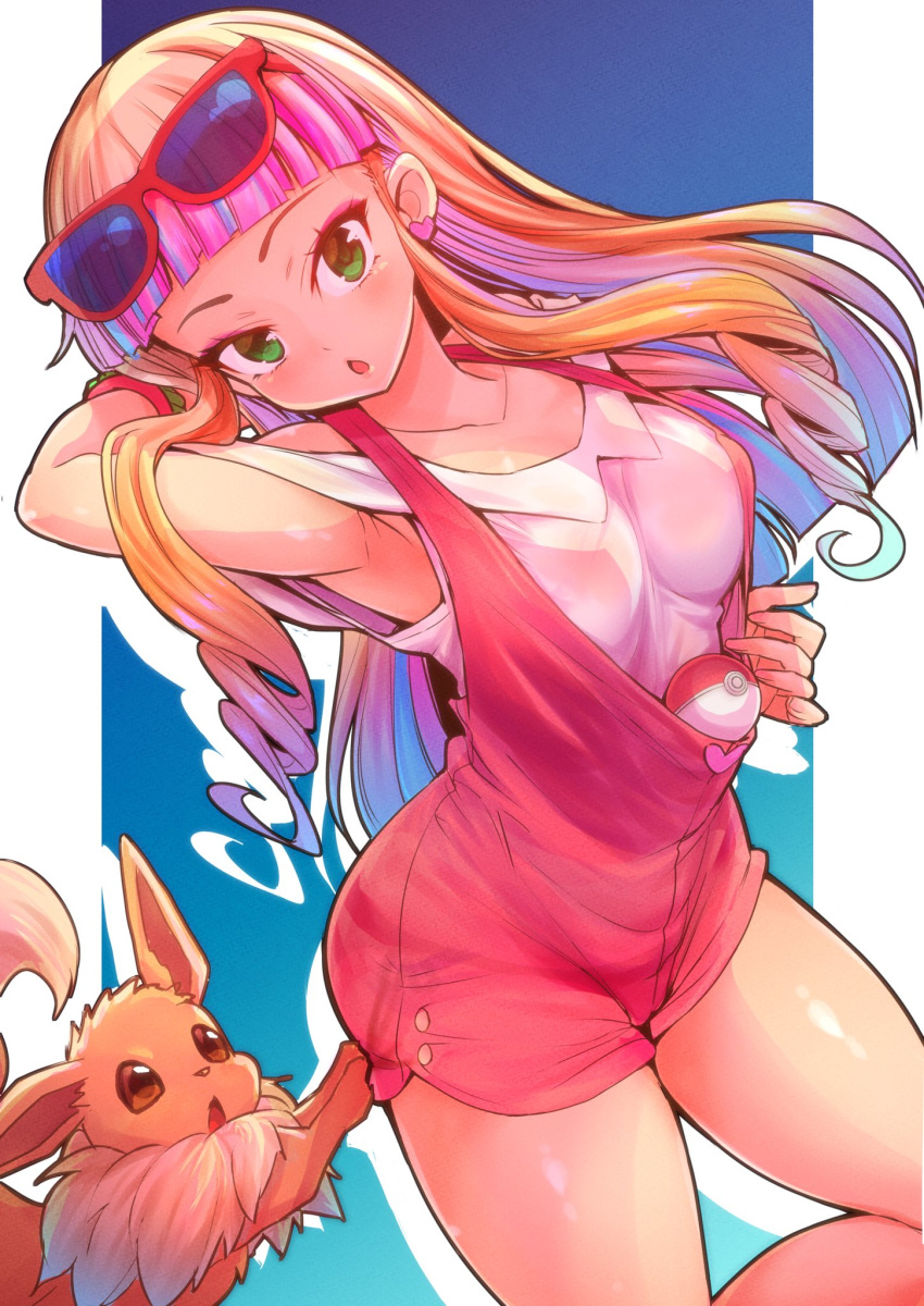 :o arm_up armpits bangs bare_shoulders blonde_hair blue_hair blunt_bangs breasts chestnut_mouth commentary drill_locks eevee eyewear_on_head green_eyes heart highres long_hair looking_at_viewer makeup mascara medium_breasts multicolored_hair open_mouth overalls pink_hair poke_ball pokemon pokemon_(anime) pokemon_m21 pokemon_sm_(anime) risa_(pokemon) solo streaked_hair sunglasses wisespeak