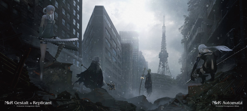 boots braid city cloak dress dual_wielding emil_(nier) flower from_behind hair_flower hair_ornament high_heel_boots high_heels highres holding kaine_(nier) long_hair mask nier nier_(series) nier_automata official_art polearm ruins serious short_dress short_hair silver_hair single_thighhigh snowing spear square_enix squatting staff standing sword thighhighs tower weapon yorha_no._9_type_s yorha_type_a_no._2