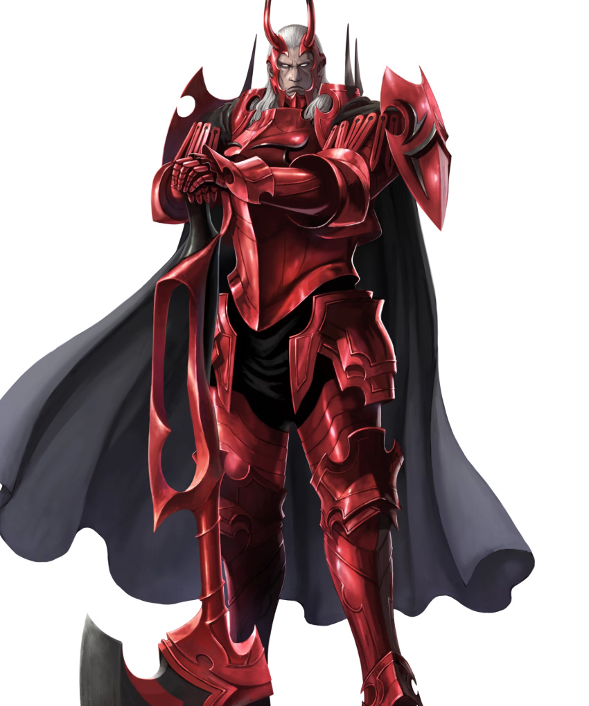 armor axe battle_axe black_cape black_pants cape commentary english_commentary fire_emblem fire_emblem:_kakusei fire_emblem_heroes full_armor full_body gauntlets greaves grey_hair helmet highres horned_helmet ippei_soeda lips long_hair looking_at_viewer male_focus no_pupils nose official_art pants red_armor scowl serious shoulder_pads solo transparent_background valhalt weapon white_eyes