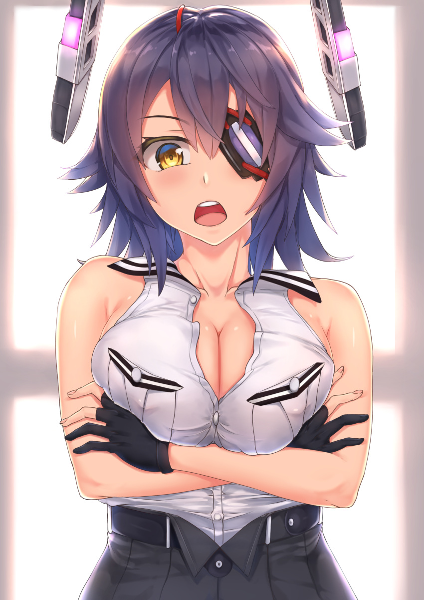 bangs bare_arms bare_shoulders belt black_belt black_gloves black_skirt blush breast_pocket breasts buttons cleavage collarbone commentary covered_nipples crossed_arms eyebrows_visible_through_hair eyepatch fingernails gloves hair_between_eyes headgear high-waist_skirt highres kantai_collection large_breasts light looking_at_viewer medium_hair no_bra open_mouth partially_unbuttoned partly_fingerless_gloves pocket purple_hair remodel_(kantai_collection) ryouya shiny shiny_hair shiny_skin shirt skirt sleeveless sleeveless_shirt solo taut_clothes taut_shirt tenryuu_(kantai_collection) upper_body upper_teeth white_shirt yellow_eyes