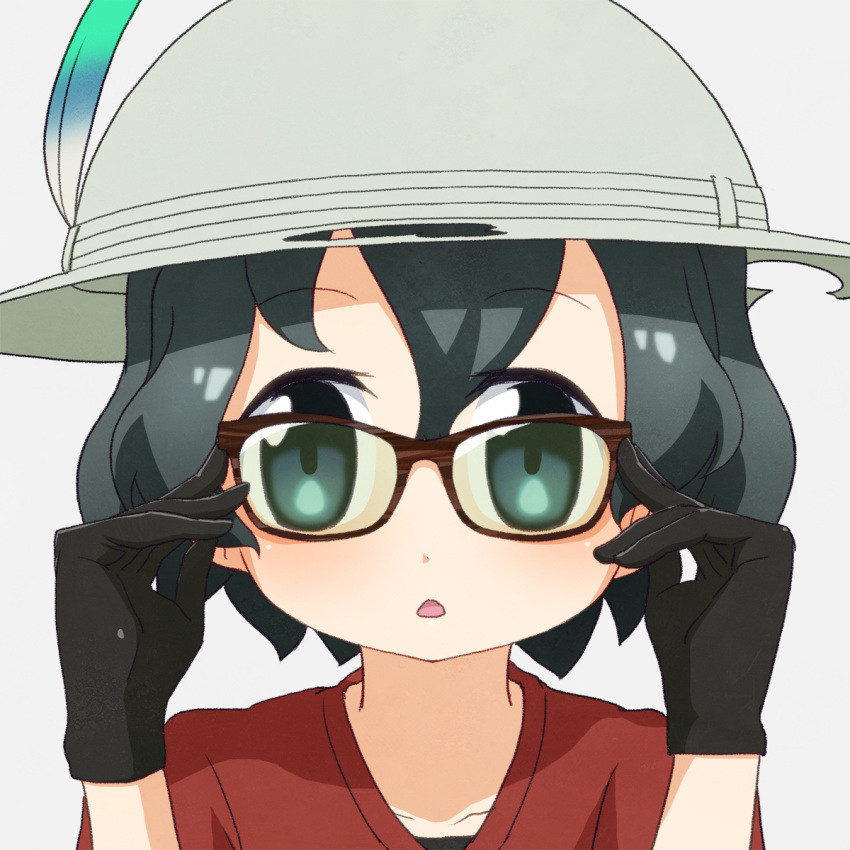 adjusting_eyewear bespectacled black_eyes black_gloves black_hair commentary face glasses gloves hair_between_eyes hands_up hat hat_feather highres kaban_(kemono_friends) kemono_friends looking_at_viewer open_mouth portrait red_shirt sat-c shirt short_hair simple_background solo white_background white_hat