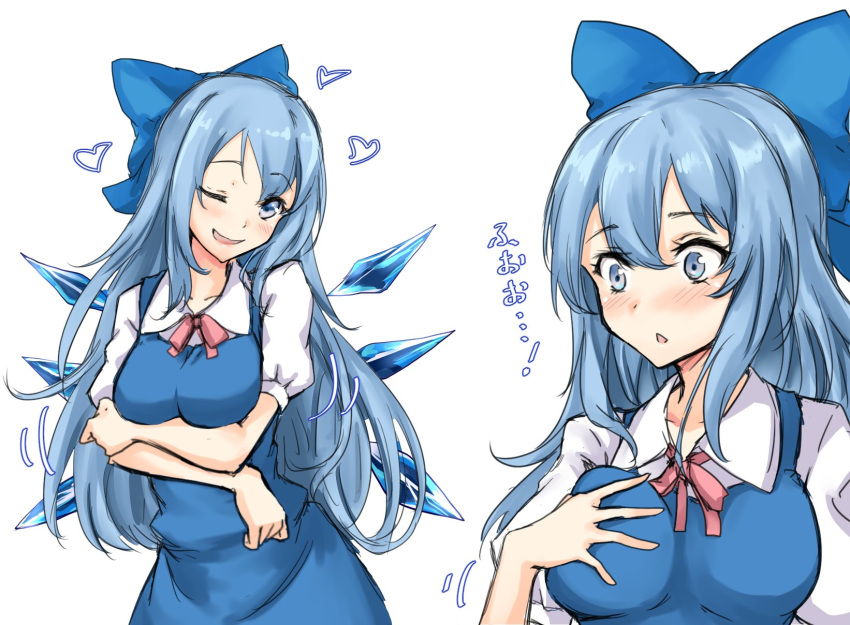 ;d alternate_breast_size alternate_hair_length alternate_hairstyle amagi_(amagi626) arms_under_breasts blue_bow blue_dress blue_eyes blue_hair blush bow breast_hold breasts cirno cirno-nee collarbone commentary_request dress eyebrows_visible_through_hair hair_between_eyes hair_bow hand_on_own_breast head_tilt heart highres ice ice_wings large_breasts long_hair looking_at_viewer multiple_views neck_ribbon older one_eye_closed open_mouth puffy_short_sleeves puffy_sleeves red_neckwear red_ribbon ribbon shirt short_sleeves simple_background smile standing touhou translation_request upper_body white_background white_shirt wings