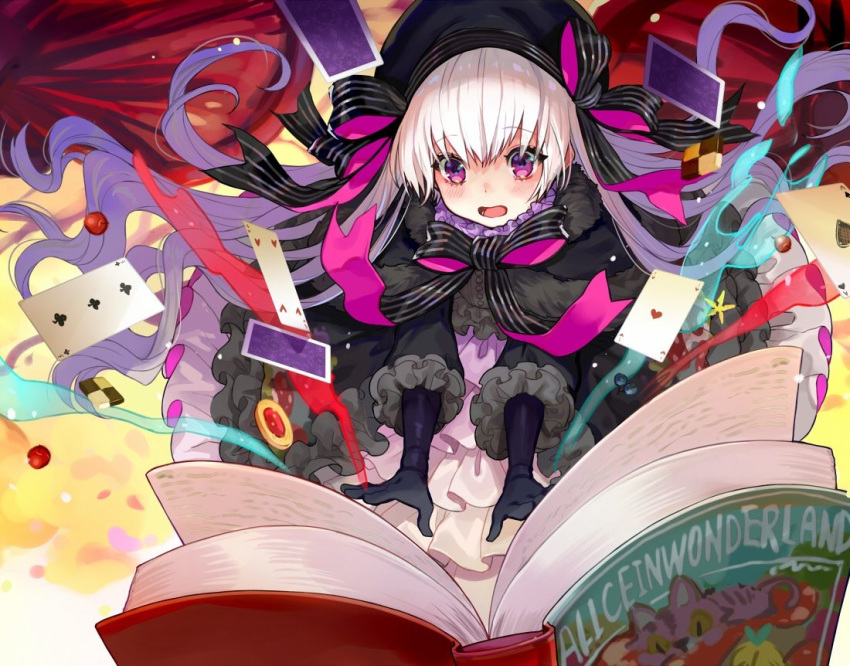 ace_of_hearts ace_of_spades alice_in_wonderland bangs beret black_bow black_dress black_gloves black_hat blush book bow card cheshire_cat club_(shape) commentary dress elbow_gloves eyebrows_visible_through_hair fate/extra fate_(series) gloves gothic_lolita hair_between_eyes hat heart lolita_fashion long_hair long_sleeves nursery_rhyme_(fate/extra) open_book open_mouth playing_card puffy_long_sleeves puffy_sleeves purple_eyes silver_hair solo spade_(shape) striped striped_bow very_long_hair yuu_(higashi_no_penguin)