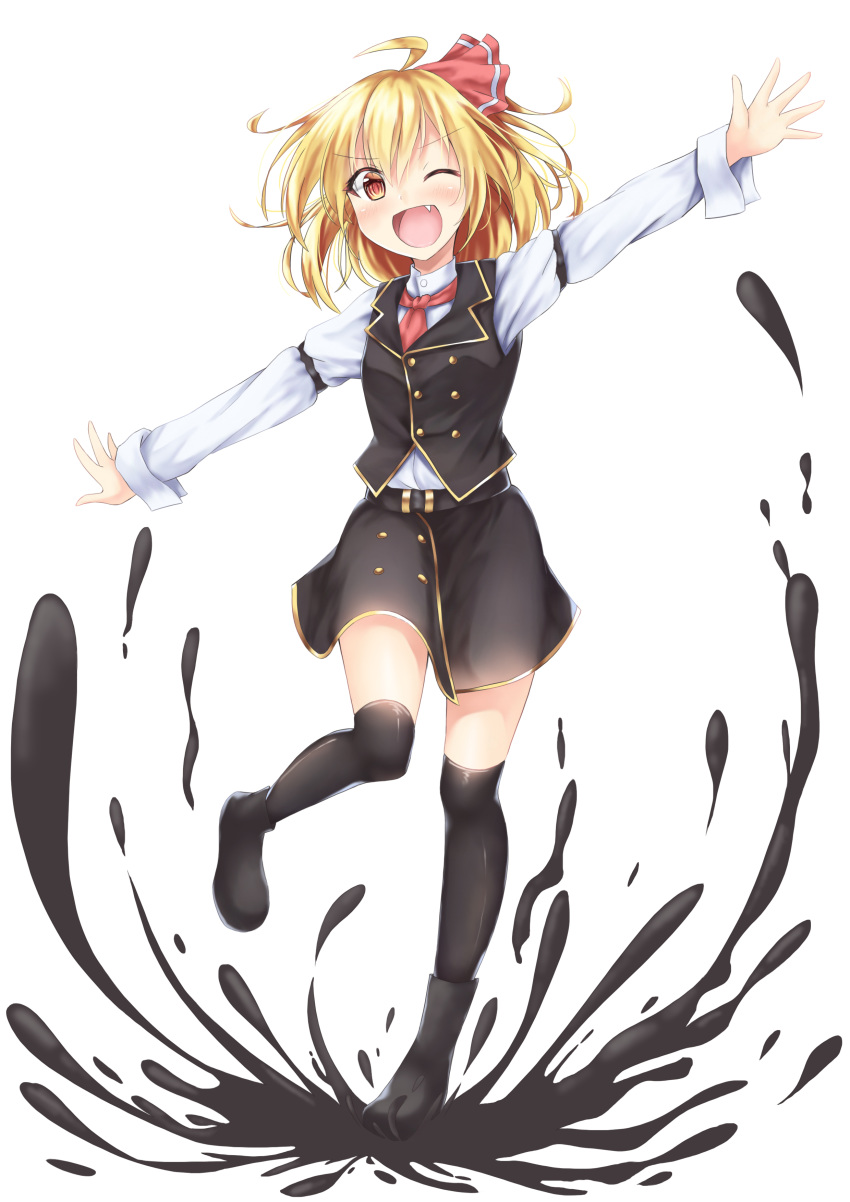 :d absurdres akiteru98 ascot black_footwear black_legwear black_skirt black_vest blonde_hair blush boots commentary fang full_body hair_ornament highres long_sleeves looking_at_viewer one_eye_closed open_mouth orange_eyes over-kneehighs red_neckwear rumia shirt short_hair simple_background skirt slime smile solo thighhighs touhou vest white_background white_shirt