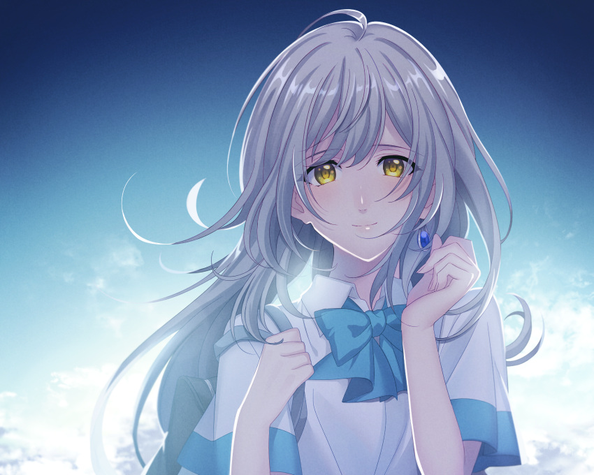 1girl aqua_bow blue_background blue_earrings bow goneeeen gradient gradient_background hands_up highres irozuku_sekai_no_ashita_kara long_hair looking_at_viewer school_uniform short_sleeves silver_hair smile solo tsukishiro_hitomi upper_body very_long_hair yellow_eyes