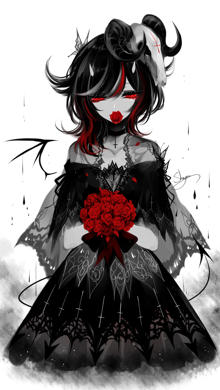 absurdres alternate_costume artist_name bare_shoulders black_choker black_dress black_hair bouquet bow bug butterfly choker collarbone covered_mouth cross_choker demon_wings detached_wings dress eyebrows_visible_through_hair flower highres holding holding_bouquet holding_flower insect kijin_seija limited_palette looking_at_viewer multicolored_hair off-shoulder_dress off_shoulder petals red_bow red_eyes red_flower red_hair red_rose rose see-through sheya signature single_wing skull solo spot_color streaked_hair touhou white_background white_hair wings