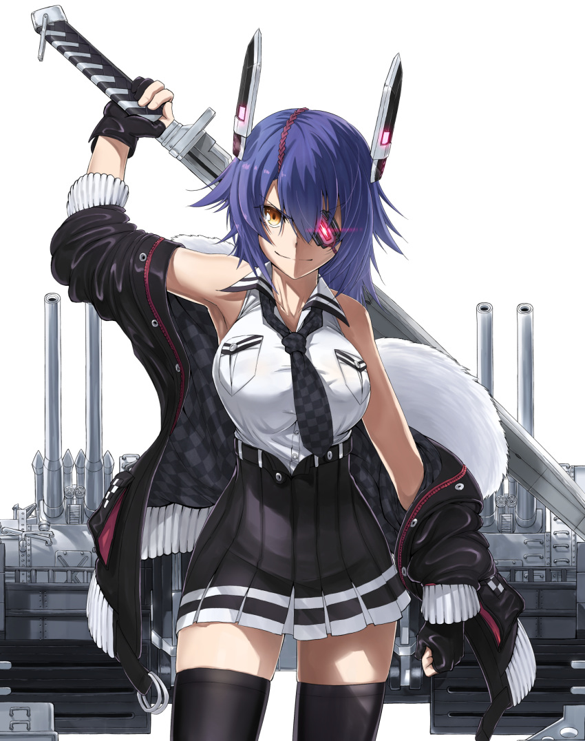 armpits black_jacket black_legwear black_skirt breasts checkered checkered_neckwear clenched_hand commentary_request cowboy_shot eyepatch fur-trimmed_jacket fur_trim headgear highres holding holding_sword holding_weapon jacket kantai_collection large_breasts looking_at_viewer necktie off_shoulder pleated_skirt purple_hair remodel_(kantai_collection) rigging shirt skirt sleeveless sleeveless_shirt smile solo sword tenryuu_(kantai_collection) thighhighs thighs v_r_dragon01 weapon white_background white_shirt yellow_eyes