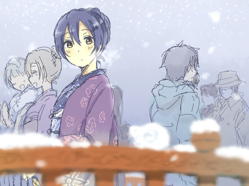 blue_hair commentary_request floral_print hair_between_eyes hair_bun japanese_clothes joint06 kimono long_hair looking_at_viewer love_live! love_live!_school_idol_project snow solo_focus sonoda_umi yellow_eyes