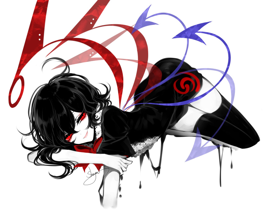 artist_name ass asymmetrical_wings black_dress black_hair black_legwear blue_wings bow bowtie center_frills dress hair_between_eyes highres houjuu_nue limited_palette looking_at_viewer lying on_stomach open_mouth red_bow red_eyes red_neckwear red_wings sheya short_dress short_hair short_sleeves signature simple_background smile solo spot_color thighhighs touhou white_background wings zettai_ryouiki