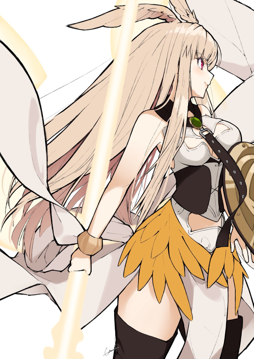 armor bangs bare_shoulders blonde_hair blunt_bangs boots bracelet breasts brown_legwear closed_mouth commentary cowboy_shot eyebrows_visible_through_hair fate/grand_order fate_(series) head_wings highres holding_lance holding_shield jewelry long_hair looking_to_the_side medium_breasts polearm red_eyes shield simple_background smile spear standing thigh_boots thighhighs thrud_(fate/grand_order) utayoi_(umakatare) valkyrie_(fate/grand_order) weapon white_background