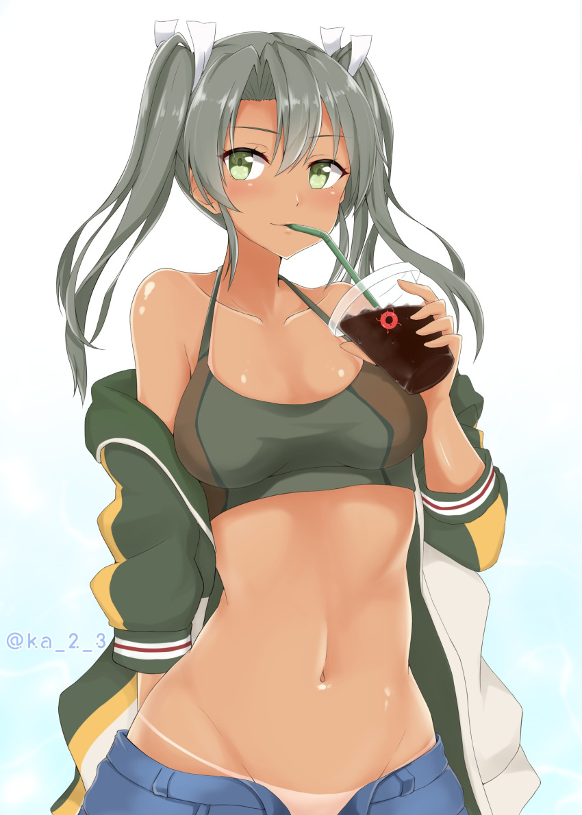 absurdres blue_background blue_pants bra breasts camouflage camouflage_bra cleavage closed_mouth collarbone commentary dated drinking drinking_straw enemy_lifebuoy_(kantai_collection) gradient gradient_background green_eyes green_jacket grey_hair hair_between_eyes highres jacket ka_tsumi kantai_collection long_hair looking_at_viewer navel off_shoulder open_clothes open_fly open_shirt pants shiny shiny_hair shirt small_breasts smile solo sports_bra tan tanline twintails twitter_username underwear zuikaku_(kantai_collection)