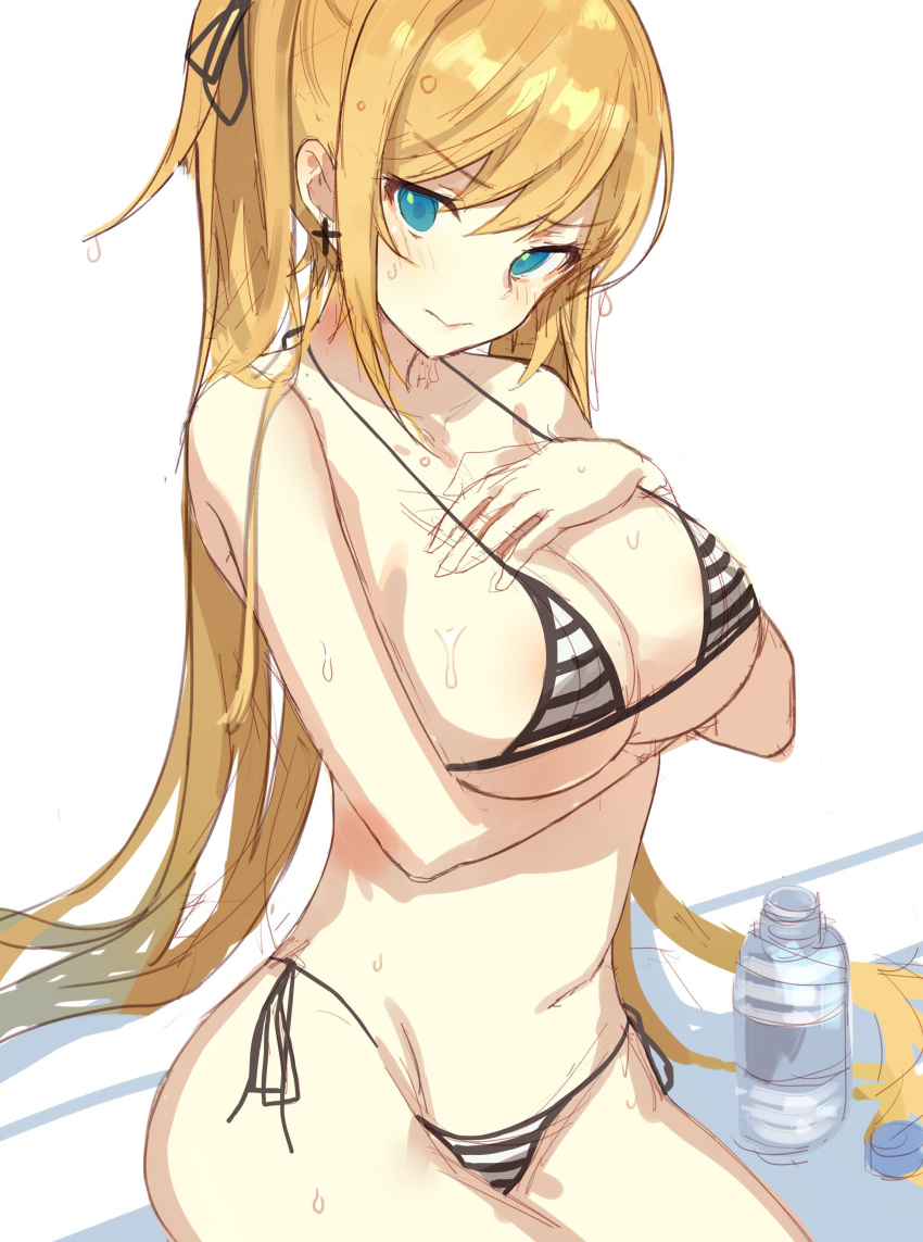 3: absurdres arm_under_breasts bikini blonde_hair blue_eyes breast_hold breasts cleavage dareyo earrings eyebrows_visible_through_hair hair_ribbon halterneck hand_on_own_chest highleg highleg_bikini highres jewelry large_breasts long_hair looking_at_viewer navel original ribbon side-tie_bikini sitting sketch solo string_bikini striped striped_bikini swimsuit twintails very_long_hair wet