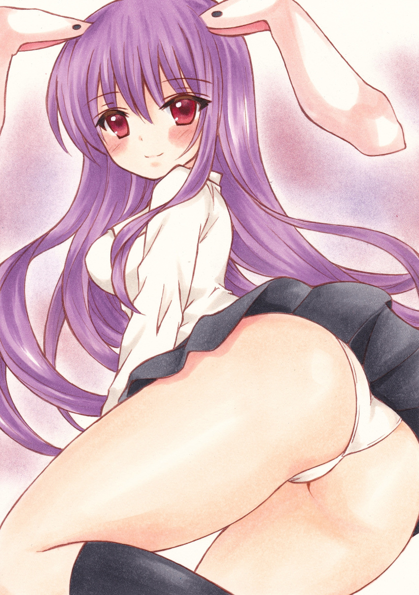 absurdres animal_ears ass bangs black_legwear black_skirt breasts bunny_ears closed_mouth commentary eyebrows_visible_through_hair eyelashes feet_out_of_frame from_side hair_between_eyes highres kneehighs large_breasts light_smile long_hair long_sleeves looking_at_viewer panties pantyshot pleated_skirt purple_hair red_eyes reisen_udongein_inaba ria_(pixiv30053072) shirt skirt solo thighs touhou traditional_media underwear white_panties white_shirt