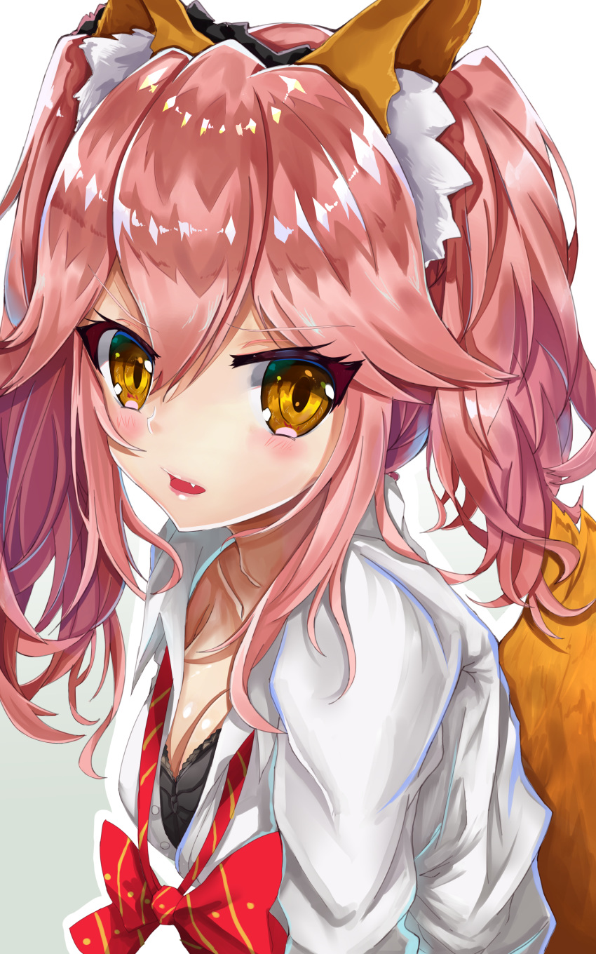 absurdres age_okaki alternate_costume animal_ear_fluff animal_ears black_bra blush bra breasts cleavage fang fate/extella fate/extella_link fate/extra fate_(series) fox_ears fox_tail gradient gradient_background highres large_breasts long_hair open_mouth pink_hair school_uniform shirt solo tail tamamo_(fate)_(all) tamamo_jk_(fate) twintails unbuttoned underwear yellow_eyes