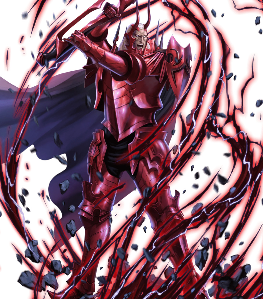 armor axe battle_axe black_cape black_pants cape commentary debris energy english_commentary fire_emblem fire_emblem:_kakusei fire_emblem_heroes full_armor full_body gauntlets greaves grey_hair helmet highres holding holding_axe holding_weapon horned_helmet ippei_soeda lips long_hair looking_at_viewer male_focus no_pupils nose official_art open_mouth pants red_armor scowl serious shoulder_pads solo teeth transparent_background valhalt weapon white_eyes